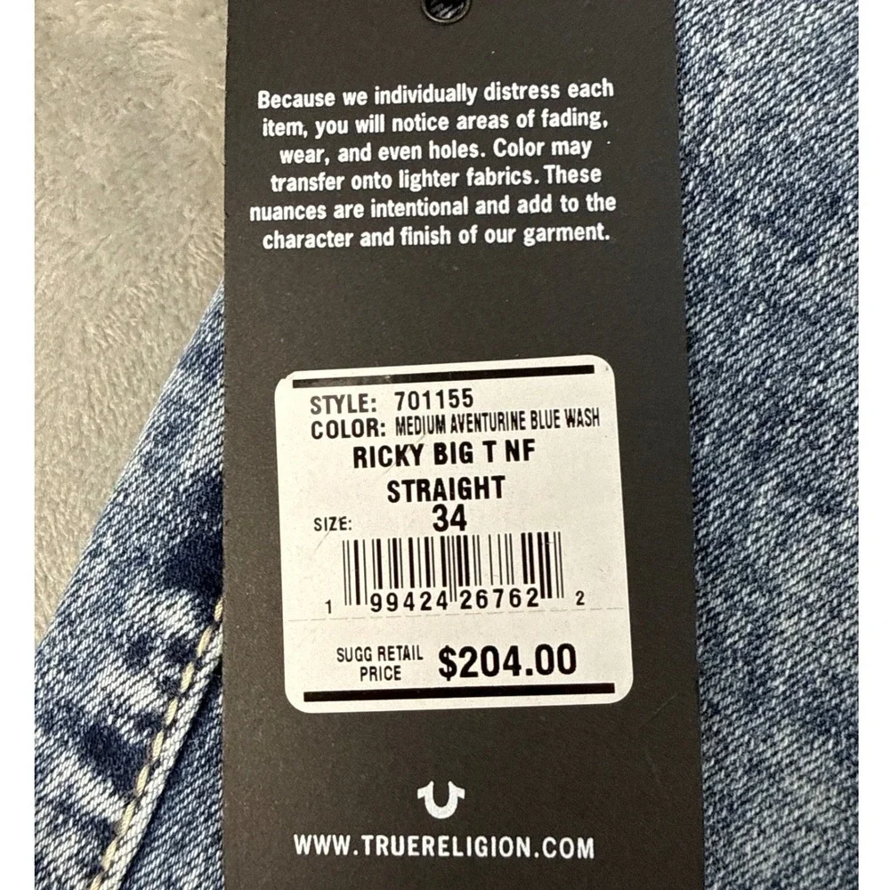 True Religion Jeans Mens 34 Ricky Big T NF Blue Acid Wash Red Stitch NEW
